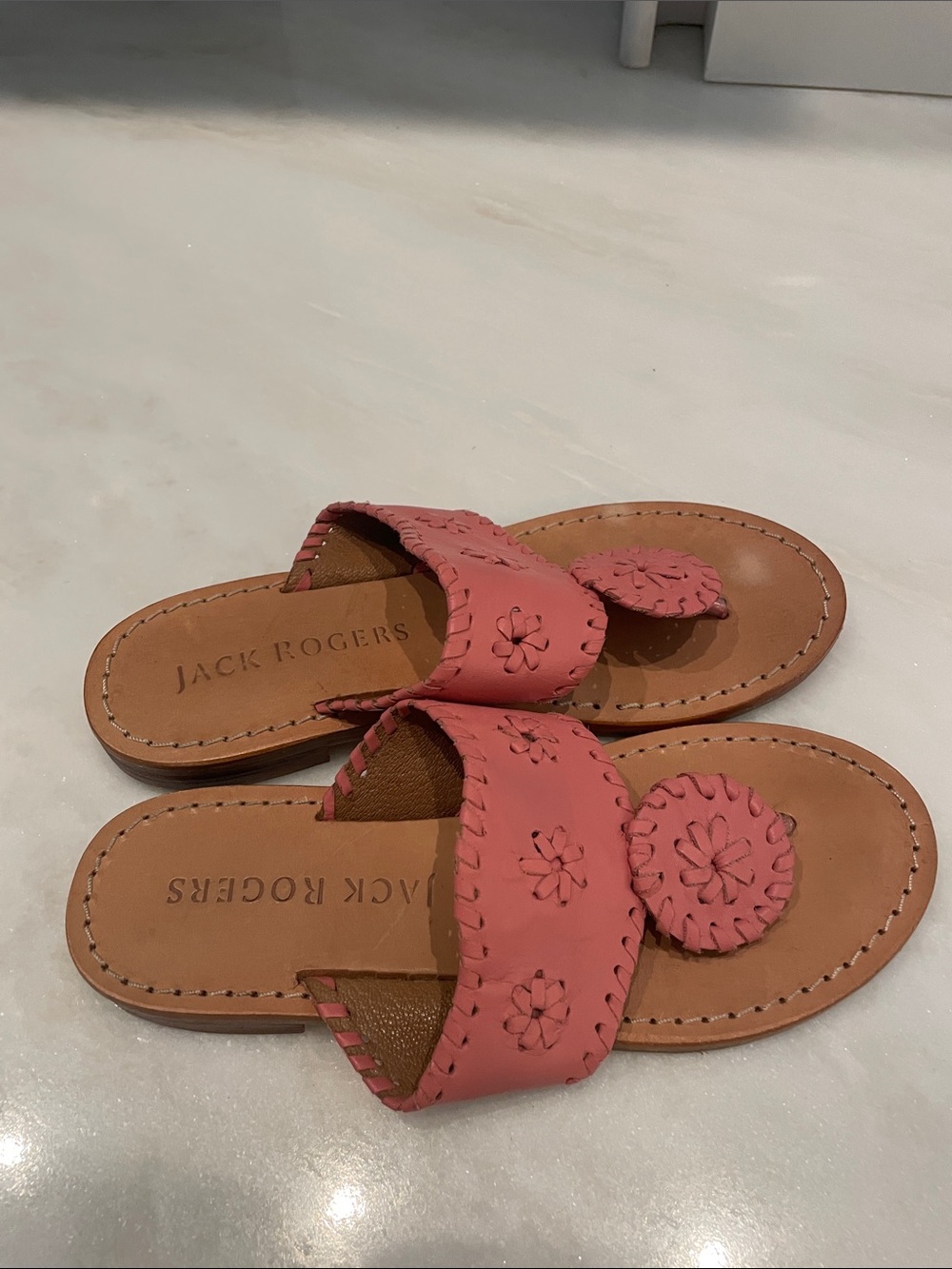 Jack Rogers Coral Pink Leather Thong Sandals - Picture 2 of 5